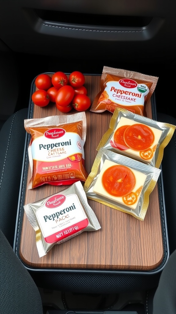 Mini pepperoni and cheese packs with cherry tomatoes on a car dashboard.