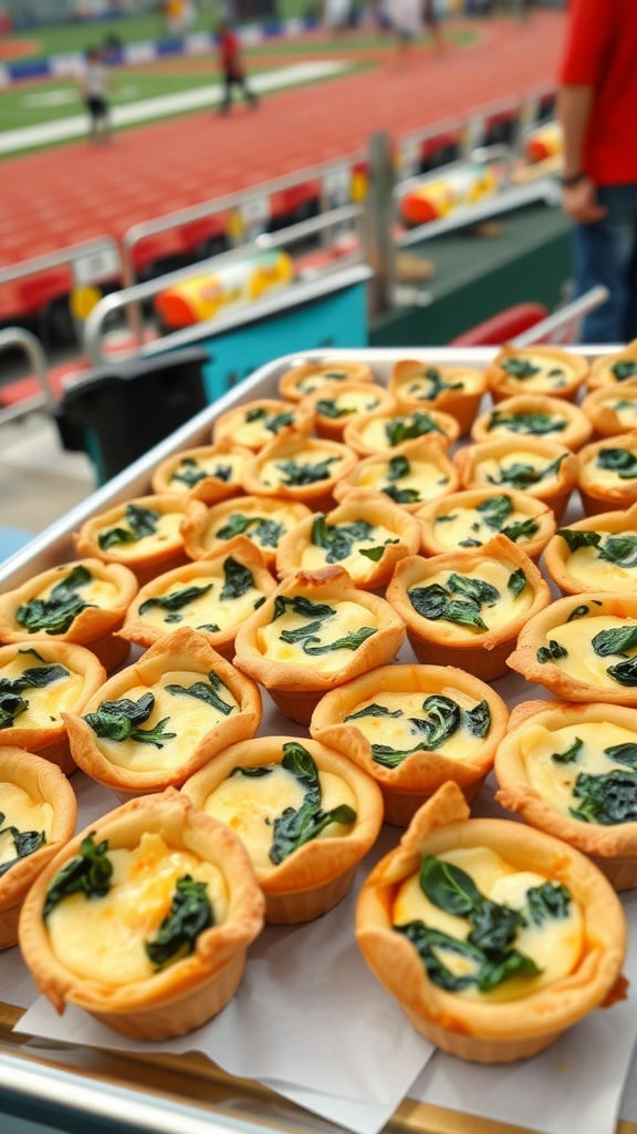 A tray of mini quiches with spinach and cheese on a table at a sports stadium.