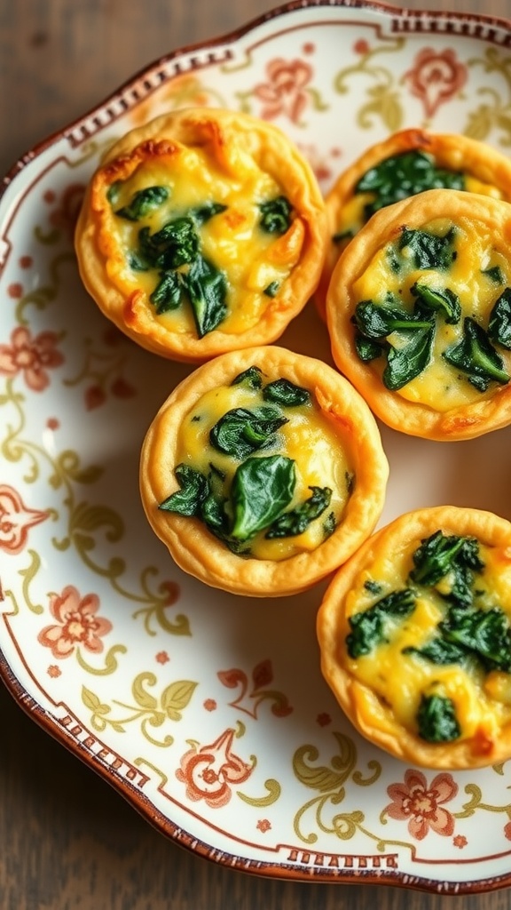 Mini quiches with spinach and cheese on a decorative plate.