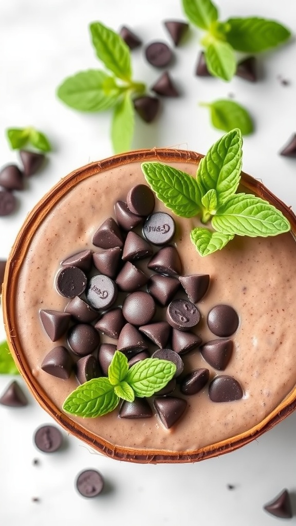 Mint Chocolate Chip Smoothie Bowl topped with chocolate chips and mint leaves.