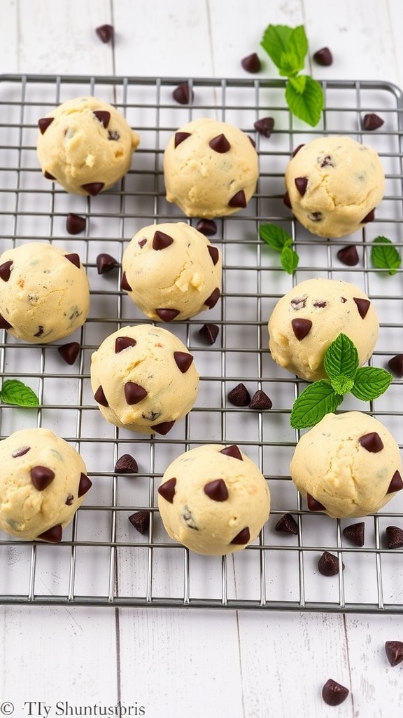 Mint chocolate chip cookie dough balls on a cooling rack