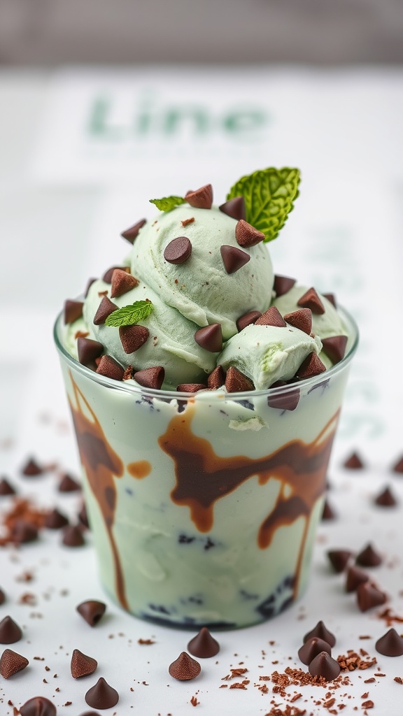 Mint chocolate chip ice cream in a glass topped with chocolate chips and mint leaves.