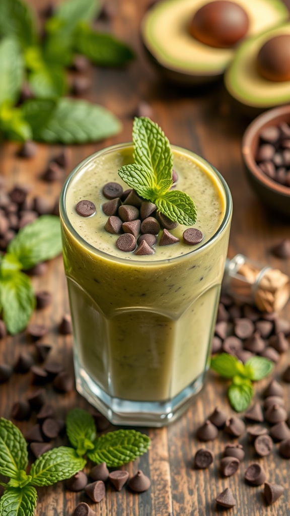 A glass of minty chocolate chip avocado smoothie topped with chocolate chips and mint leaves, surrounded by fresh mint and chocolate chips.