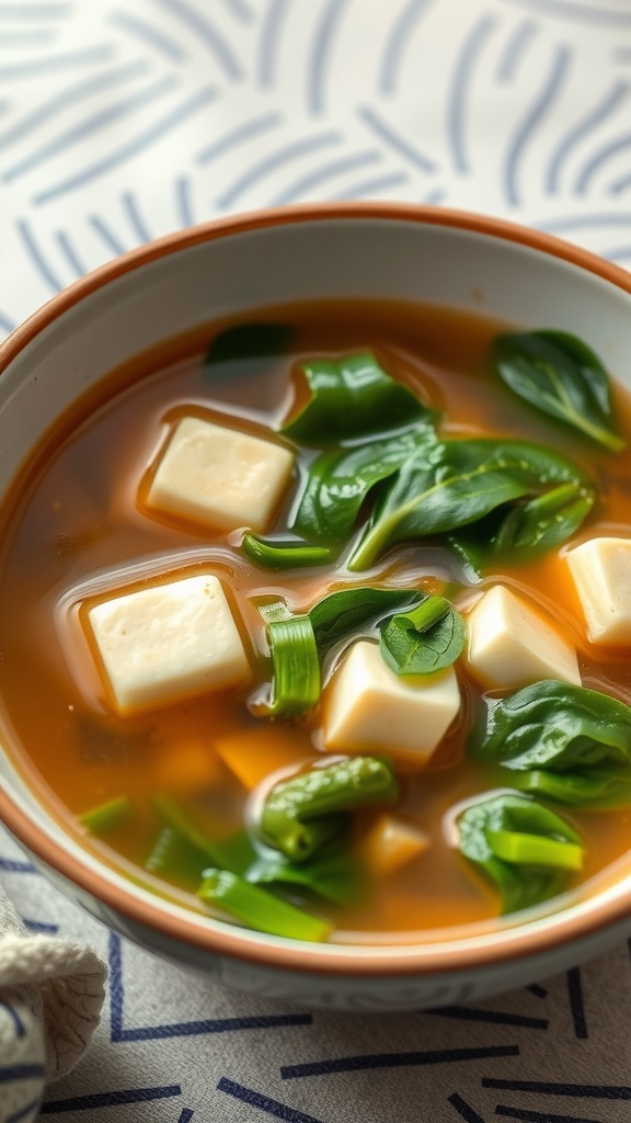 A bowl of miso soup with spinach and tofu, garnished with green onions