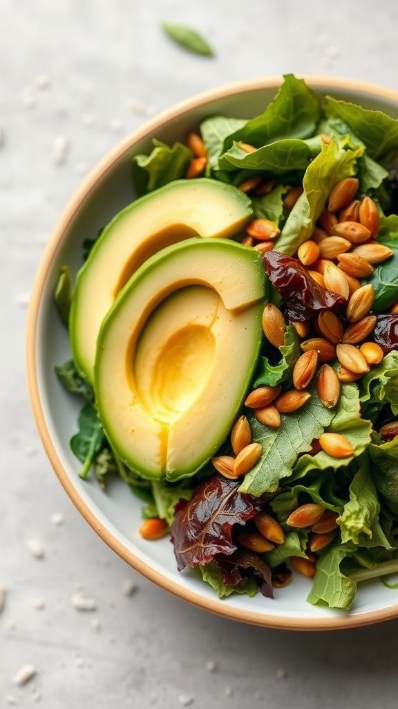 A close-up of a salad bowl filled with mixed greens, avocado slices, and pumpkin seeds.