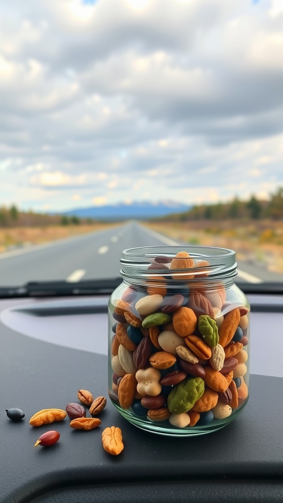 A jar of mixed nuts and seeds on a car dashboard with a scenic road in the background.