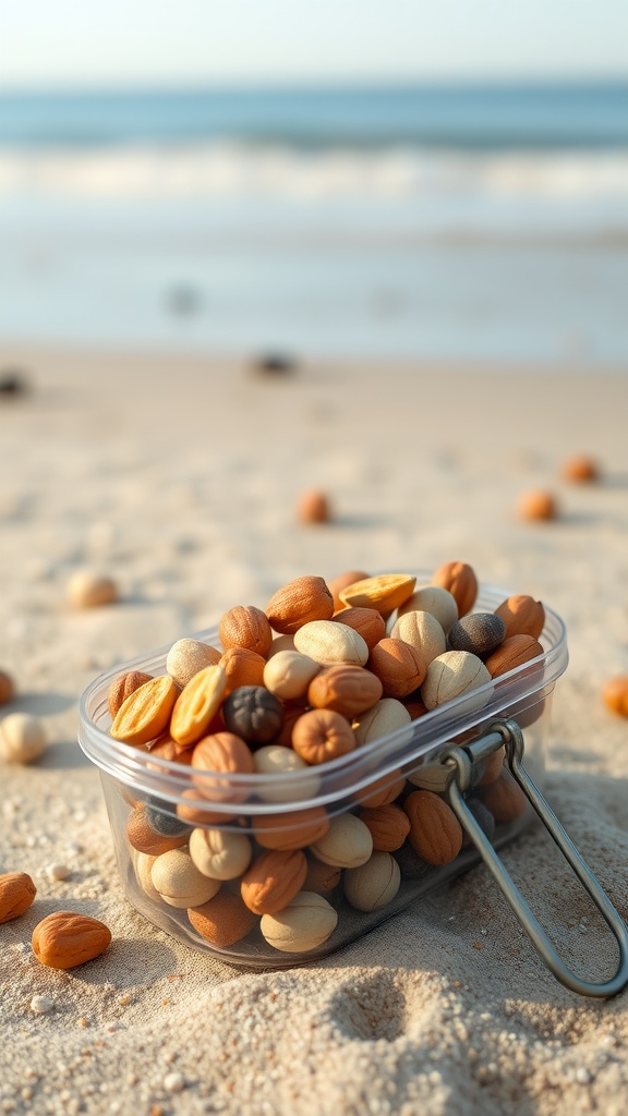 A container filled with a colorful assortment of mixed nuts on a sandy beach.