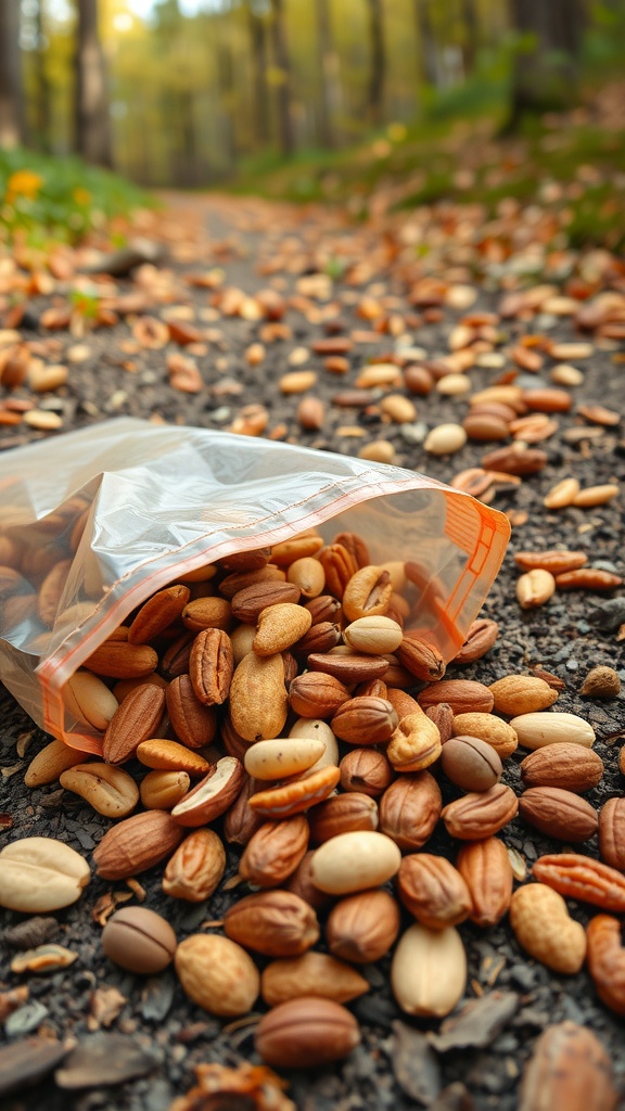 A bag of mixed nuts spilled on a gravel path in a forest.