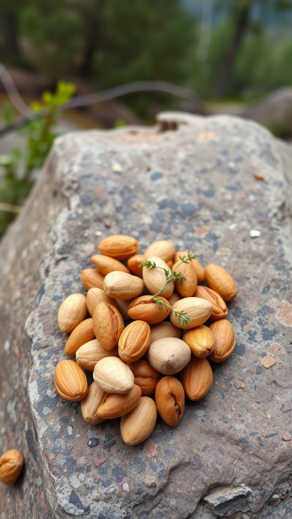 A pile of mixed nuts with dried herbs on a rocky surface in nature.