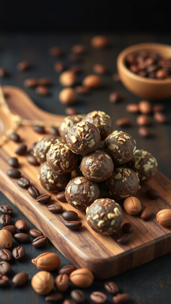 A wooden platter with delicious mocha hazelnut energy bites surrounded by coffee beans and hazelnuts.