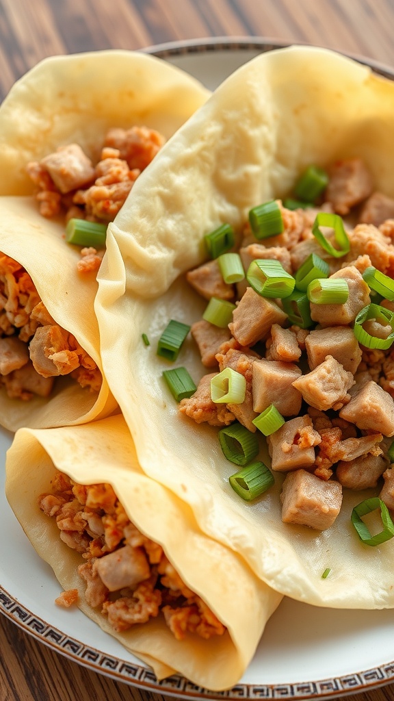 Moo Shu Pork served in egg crepes with green onions