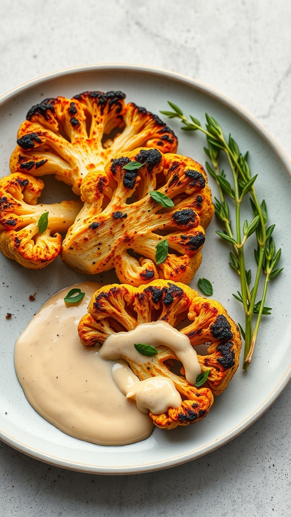 Moroccan spiced cauliflower steaks served with a creamy sauce and herbs.