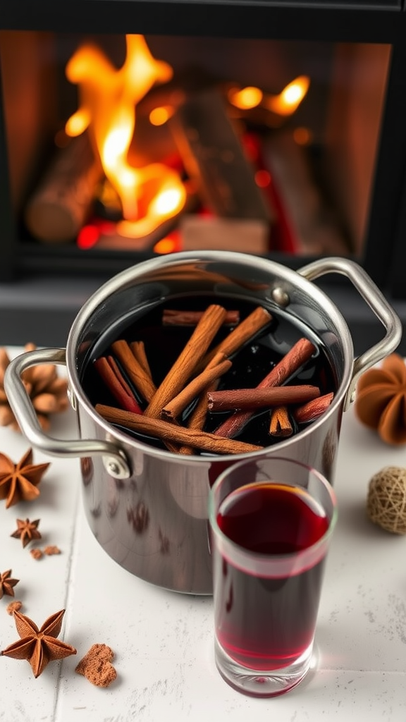 A pot of mulled wine with spices and a glass of the drink beside it, set near a cozy fire.