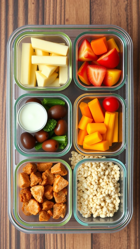 A multi-compartment meal prep container with assorted keto-friendly foods, including cheese, peppers, olives, and chicken.