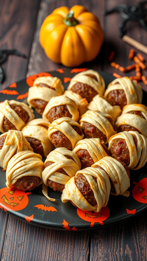 A plate of mummy meatballs wrapped in dough, set against a Halloween-themed background.