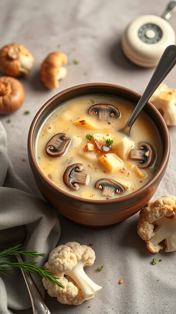 A bowl of creamy mushroom and cauliflower chowder with mushrooms on top, surrounded by fresh cauliflower florets.