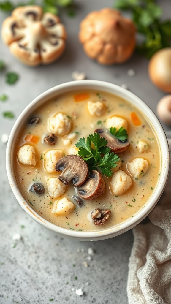 A bowl of mushroom and cauliflower chowder topped with parsley, with a spoon resting beside it.