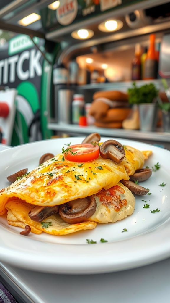 A delicious mushroom and cheese omelette served on a white plate with a slice of tomato and garnished with herbs.