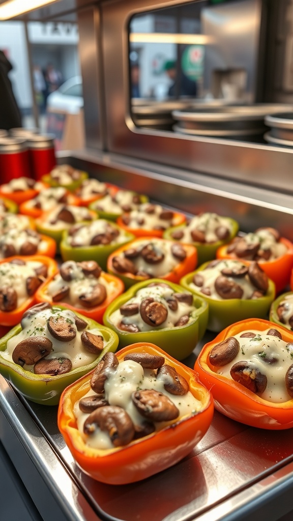 Colorful bell peppers stuffed with mushrooms and cheese, displayed in a food truck.