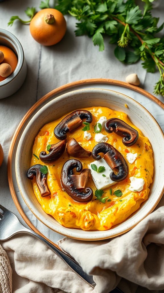 A delicious mushroom and goat cheese omelette bowl garnished with herbs.