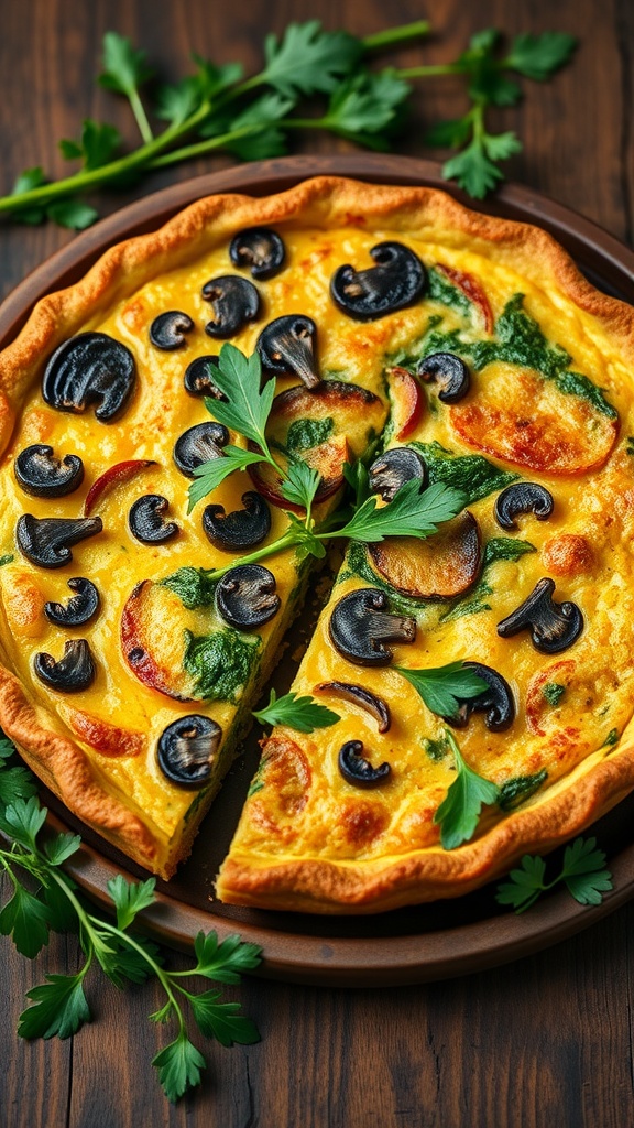 A delicious mushroom and spinach frittata on a wooden table, garnished with parsley.