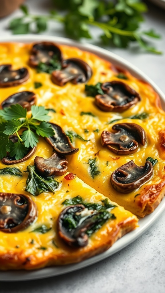 A close-up of mushroom and spinach frittata slices on a plate, garnished with fresh parsley.