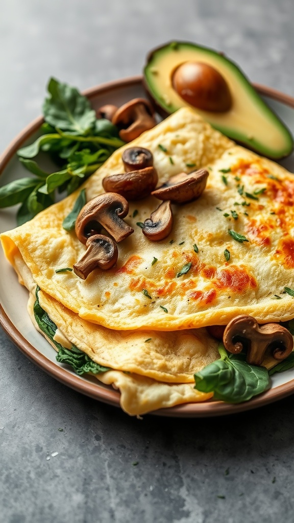 A delicious mushroom and spinach omelette topped with sliced mushrooms on a plate.