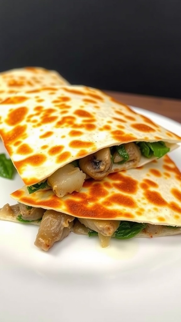 Two crispy quesadillas filled with mushrooms and spinach on a white plate