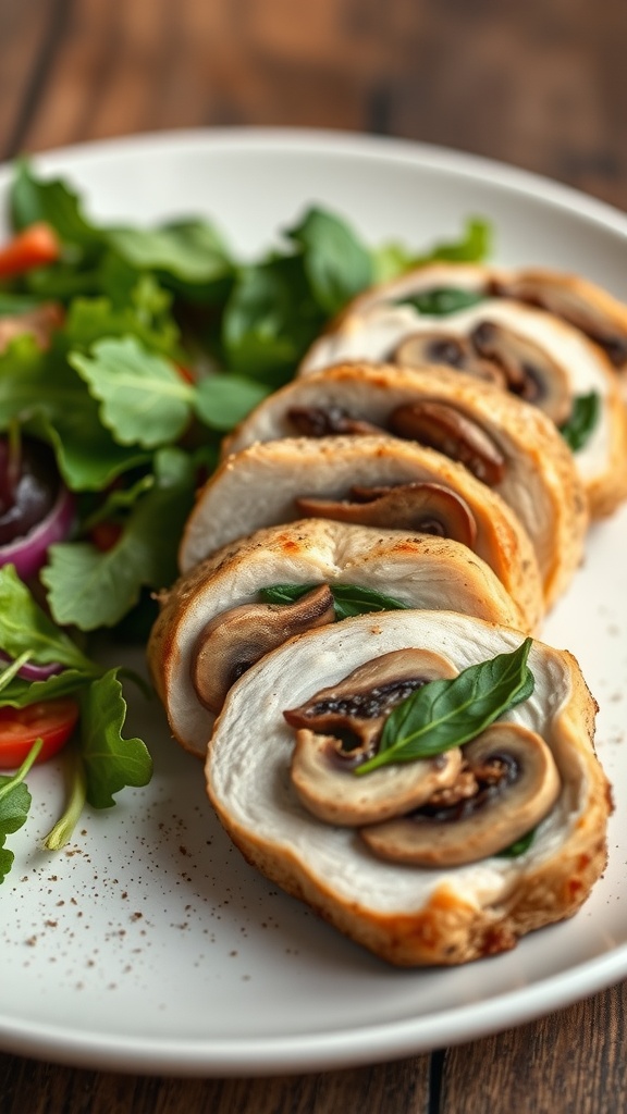 Mushroom and spinach stuffed chicken slices on a plate with salad