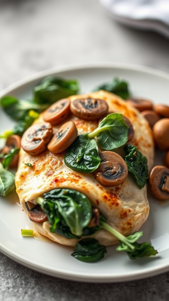 A plate of mushroom and spinach stuffed chicken breast garnished with fresh spinach leaves.