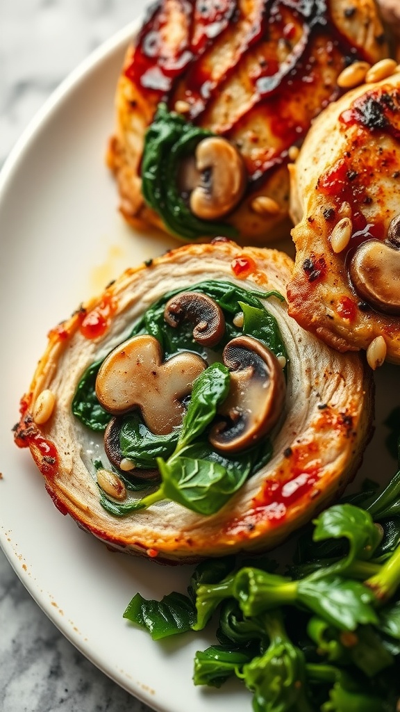 Mushroom and spinach stuffed pork chops on a plate