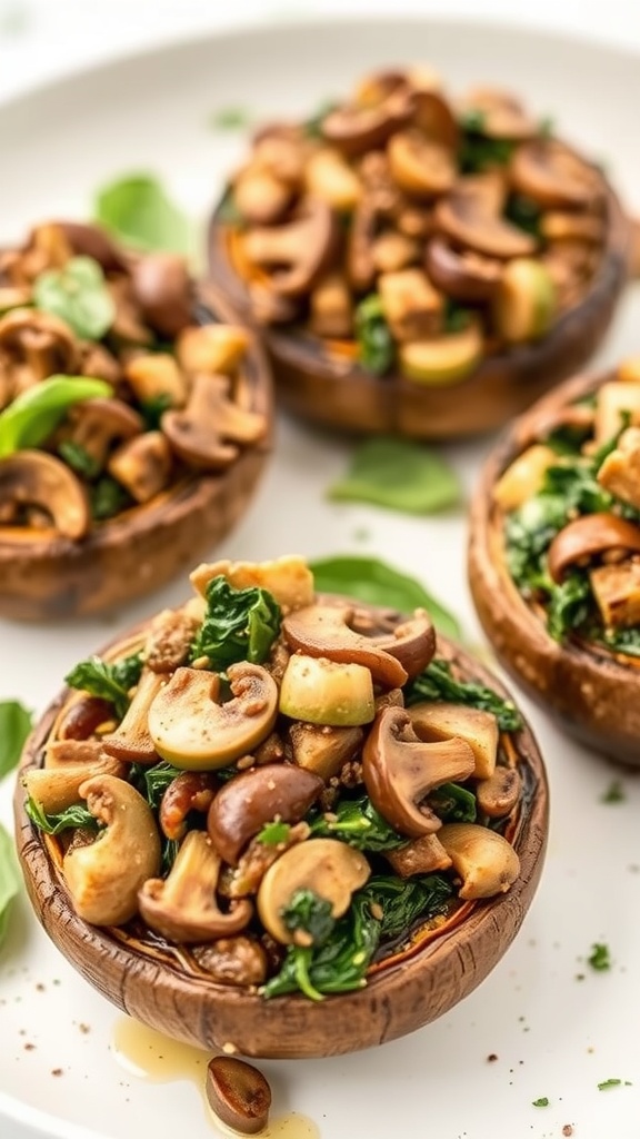 Mushroom and spinach stuffed portobello mushrooms on a plate.