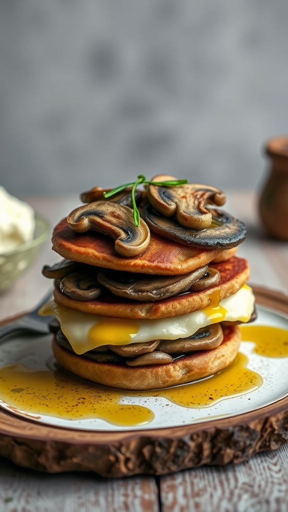 A delicious breakfast stack featuring mushrooms, Swiss cheese, and a soft egg between fluffy pancakes.