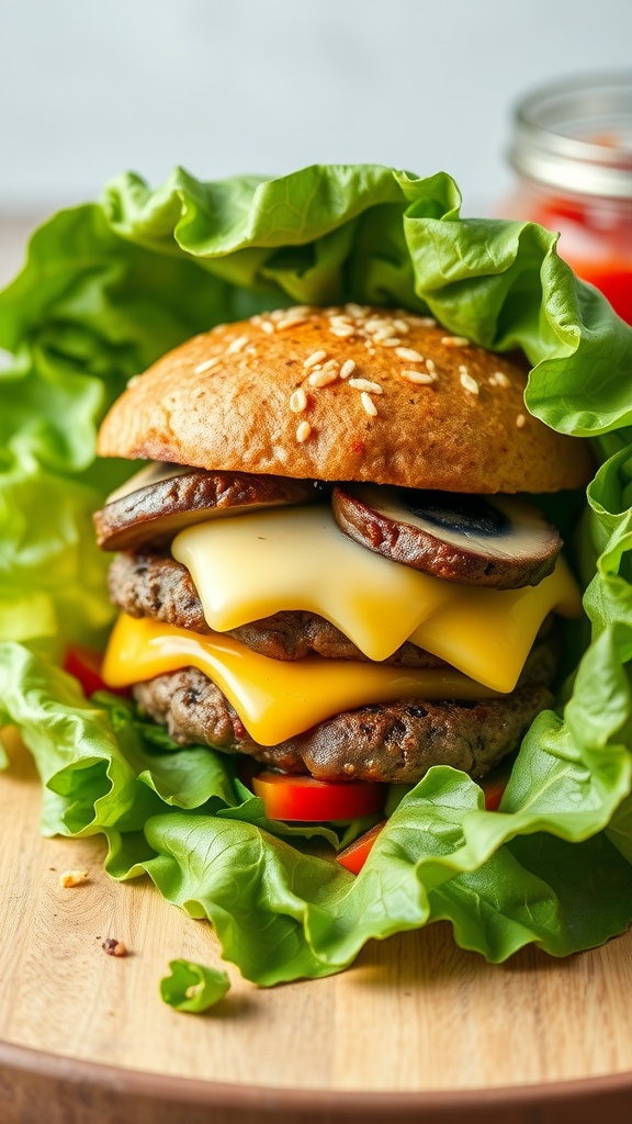 Mushroom and Swiss Burger wrapped in lettuce with a slice of cheese and mushrooms on top