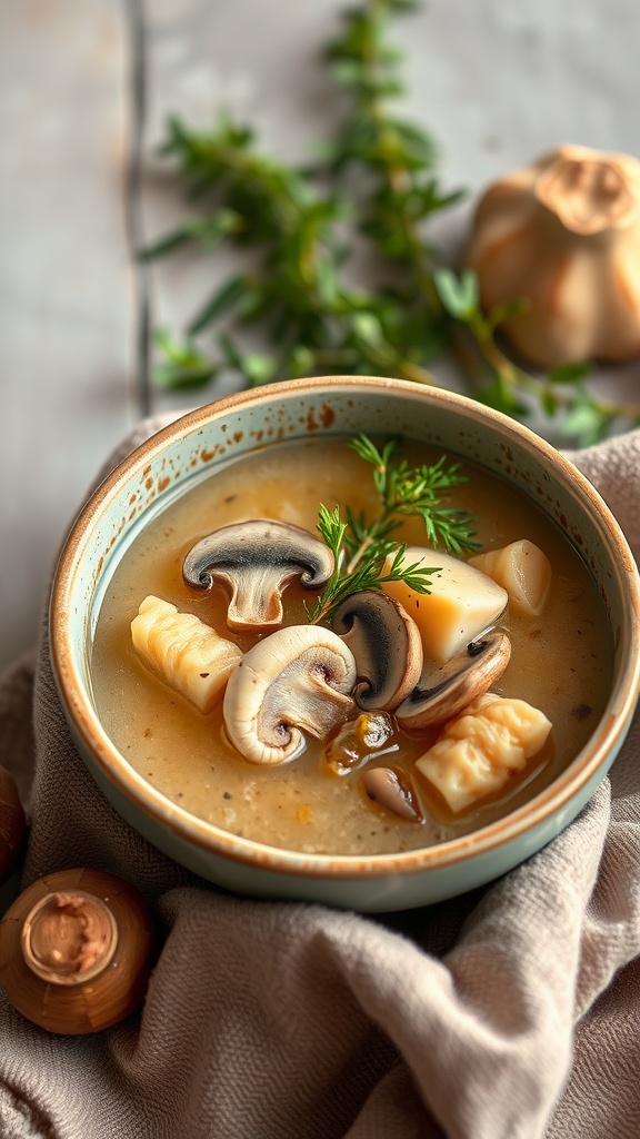 A bowl of Mushroom and Thyme Chicken Soup with slices of mushrooms and herbs.