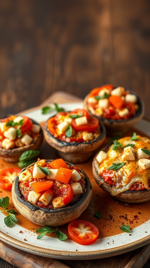 Stuffed mushroom caps with various toppings, including cheese and vegetables