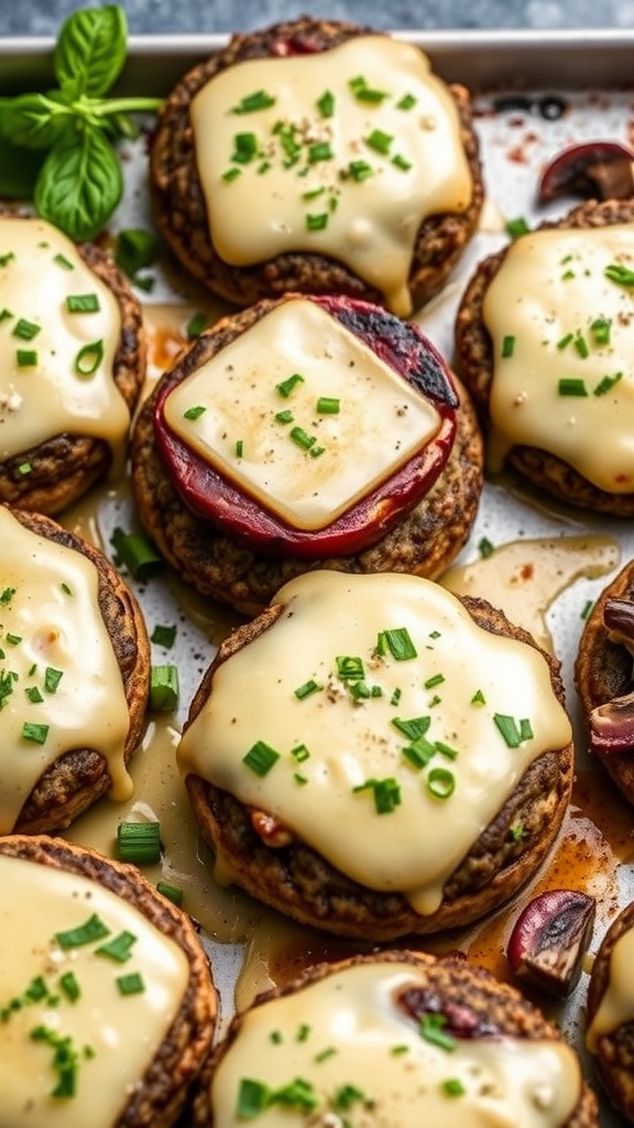 A tray of Mushroom Swiss Burger Bake featuring burgers topped with melted Swiss cheese and mushrooms.