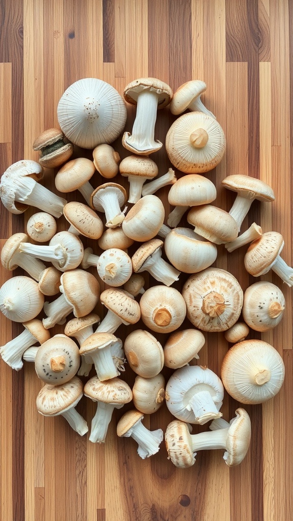 A variety of mushrooms arranged on a wooden surface.