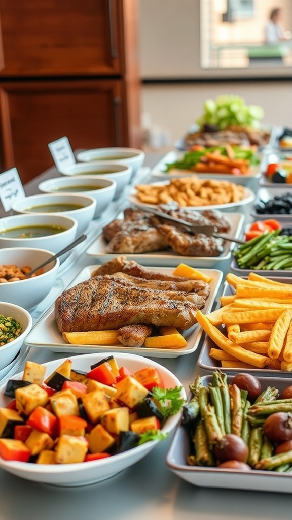 A buffet table featuring various dishes including grilled meats, vegetables, and sides.