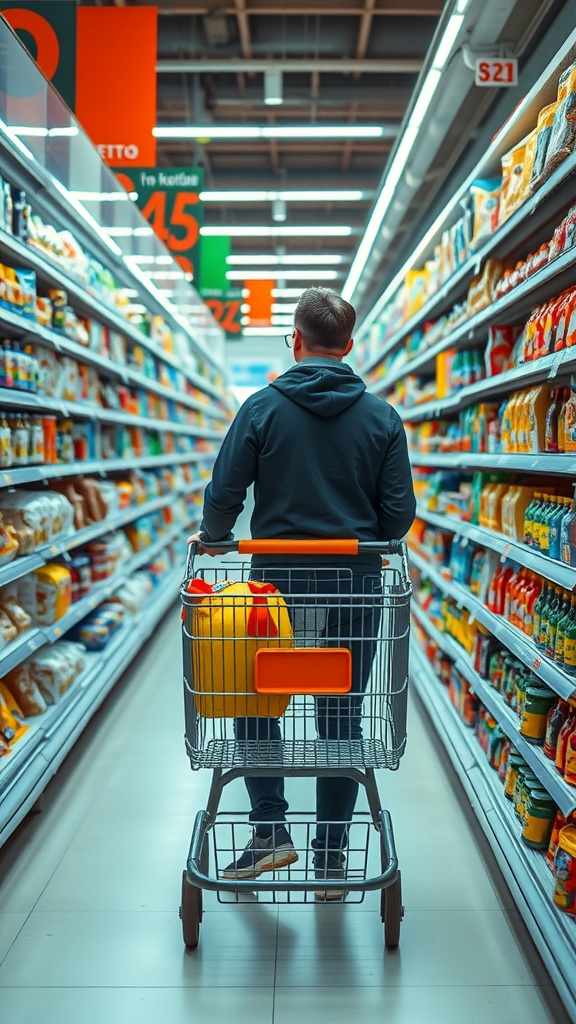 A person pushing a shopping cart with a dog in a grocery store aisle filled with products, focusing on keto.
