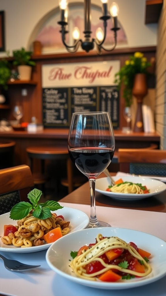 Table setting at an Italian restaurant with keto menu options and two plates of food.