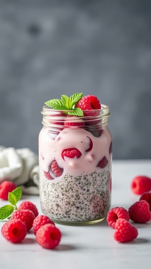 A jar of raspberry chia pudding topped with fresh raspberries and mint leaves.