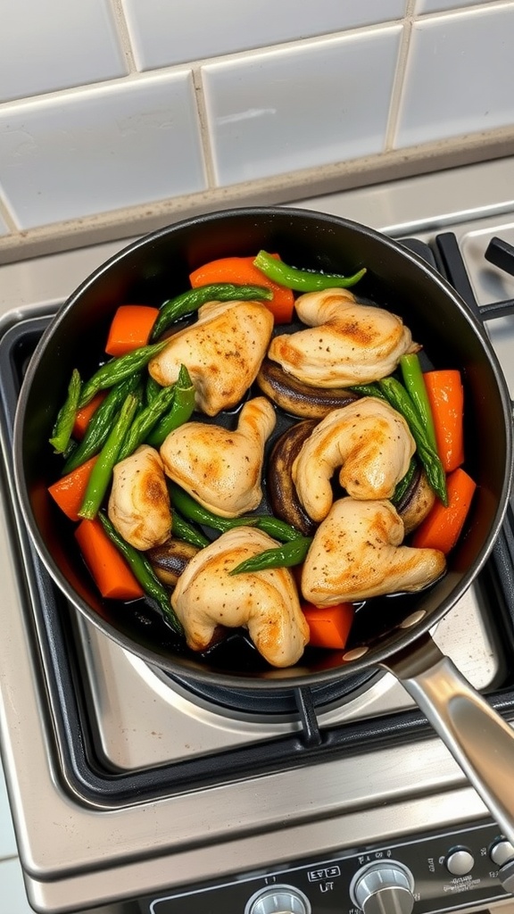 A nonstick skillet on a stove with chicken and colorful vegetables being cooked.