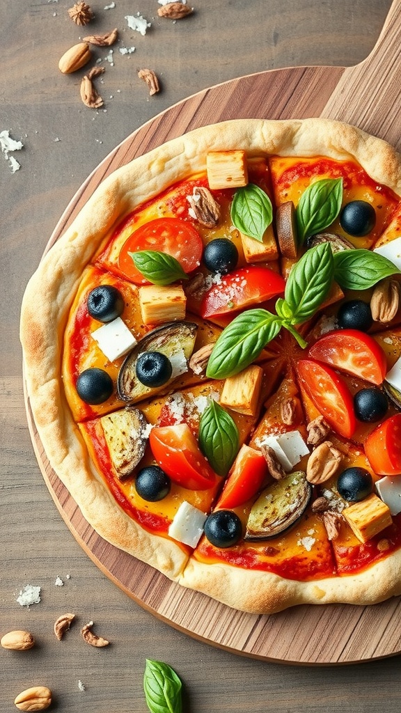 A delicious keto pizza topped with tomatoes, olives, and fresh herbs on a wooden serving board.