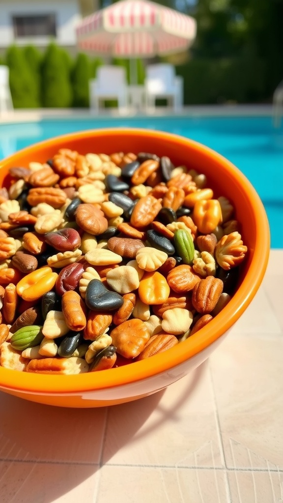 A bowl of colorful nut and seed trail mix by the poolside