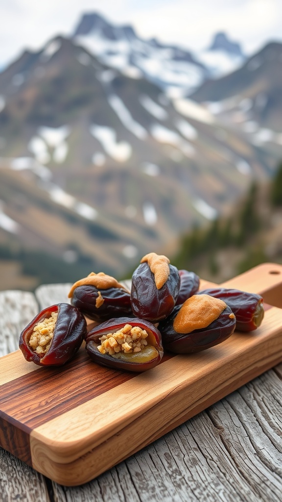 A wooden platter with nut butter-stuffed dates set against a scenic mountain backdrop.