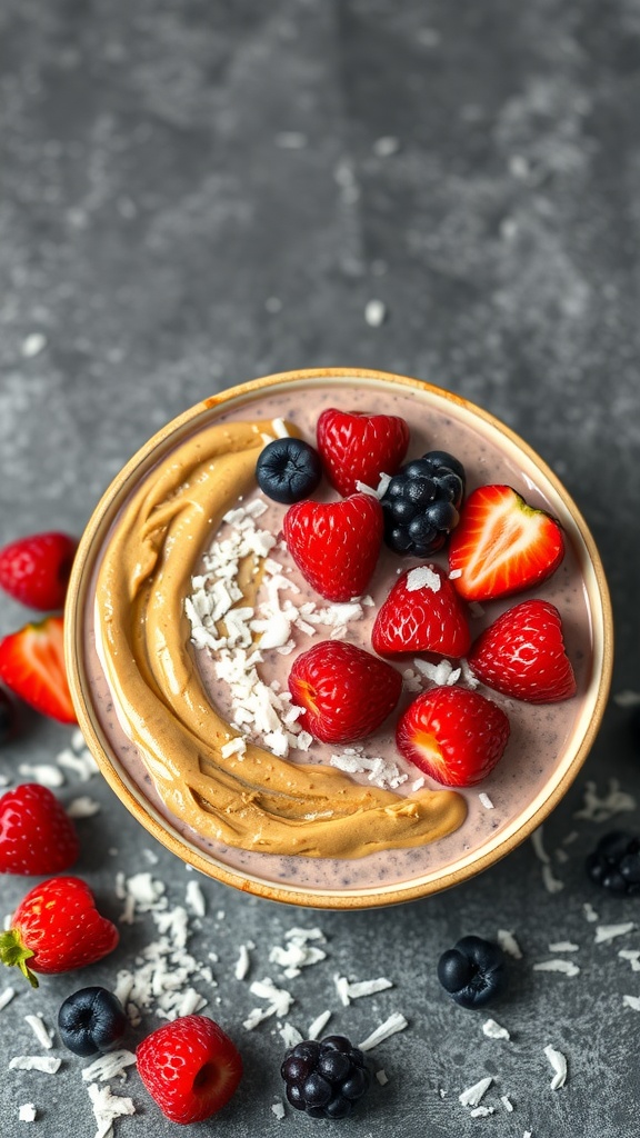 Nut Butter and Berry Smoothie Bowl with berries and coconut