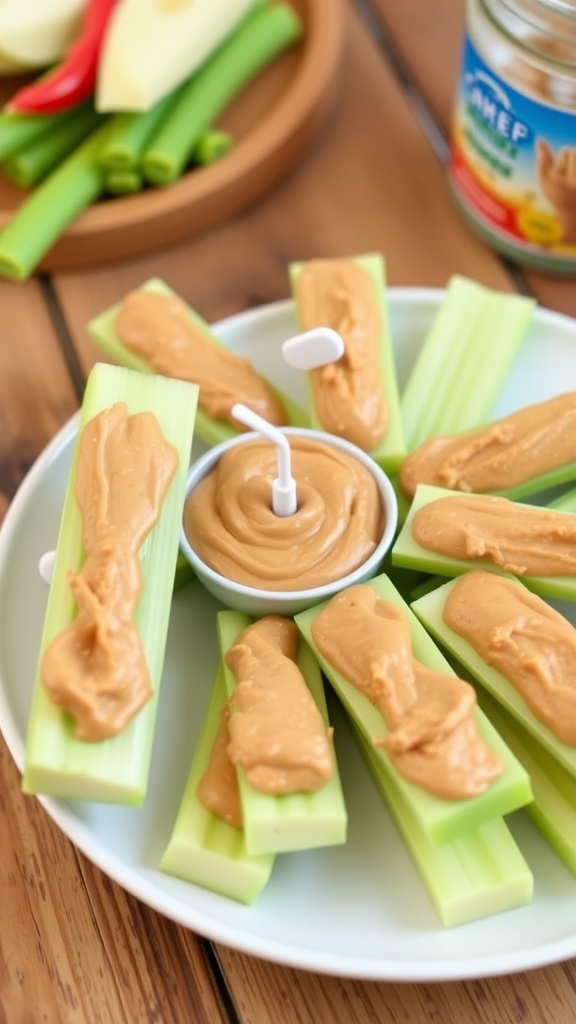 Celery sticks with nut butter on a white plate