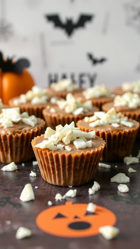 Nut butter cups topped with shredded coconut, set against a Halloween-themed background.