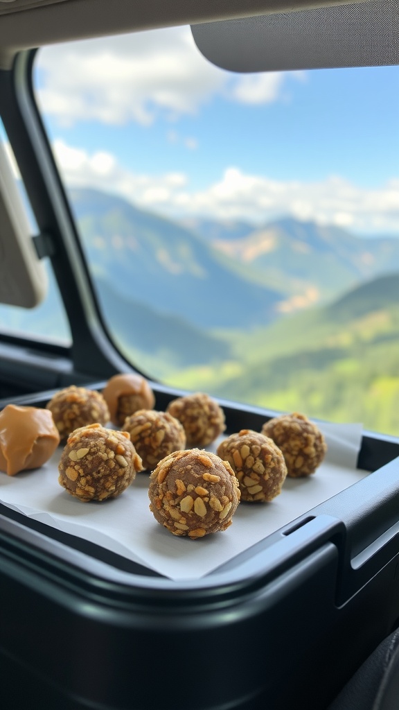 A container filled with nut butter energy balls, set against a scenic mountain view.